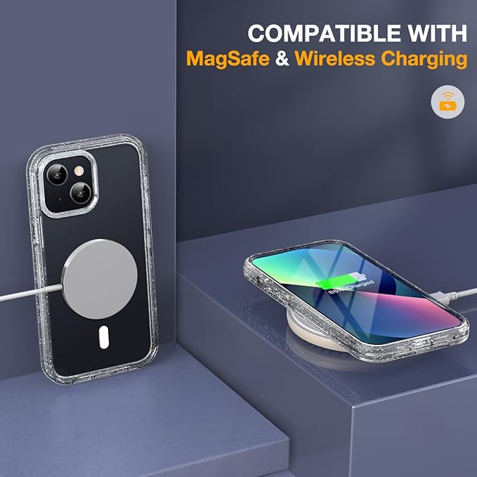 Miracase for iPhone 13 Case 6.1'', [Bubble Free] Full-Body Bumper Phone case with Built-in Full Glass Screen,No Gap,Compatible with MagSafe,Drop Proof 13 Cover,Clear Glitter