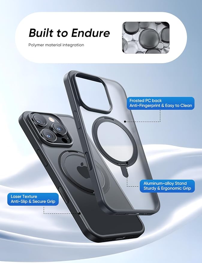 MAGIC JOHN 360° Rotatable Magnetic Invisible Stand for iPhone 16 Pro Case [Camera Control Button] [Compatible with MagSafe] 16FT Shockproof for iPhone 16 Pro Case with Kickstand, Black