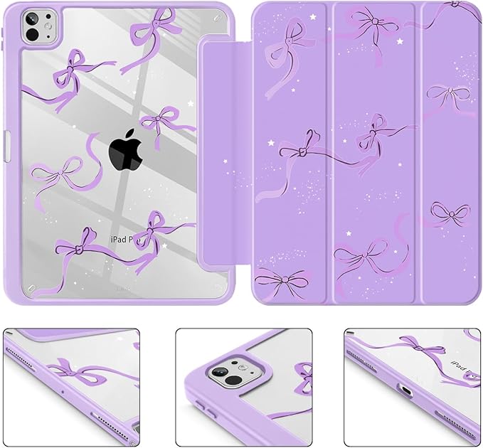 May Chen Case for iPad Pro 11-Inch M5/M4 2025/2024 (6th/5th Generation), Clear Transparent Print Back Shell Slim Stand Shockproof Tablet Cover, Auto Wake/Sleep, Purple Bows