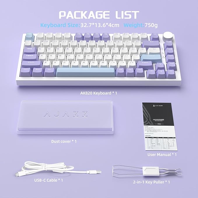 A.JAZZ Attack Shark AK820 75% Wired Mechanical Gaming Keyboard with Knob Hot Swappable Custom Gasket RGB Keyboard NKRO Linear Sea Salt Switch for PC/Win/Mac-Purple/Blue