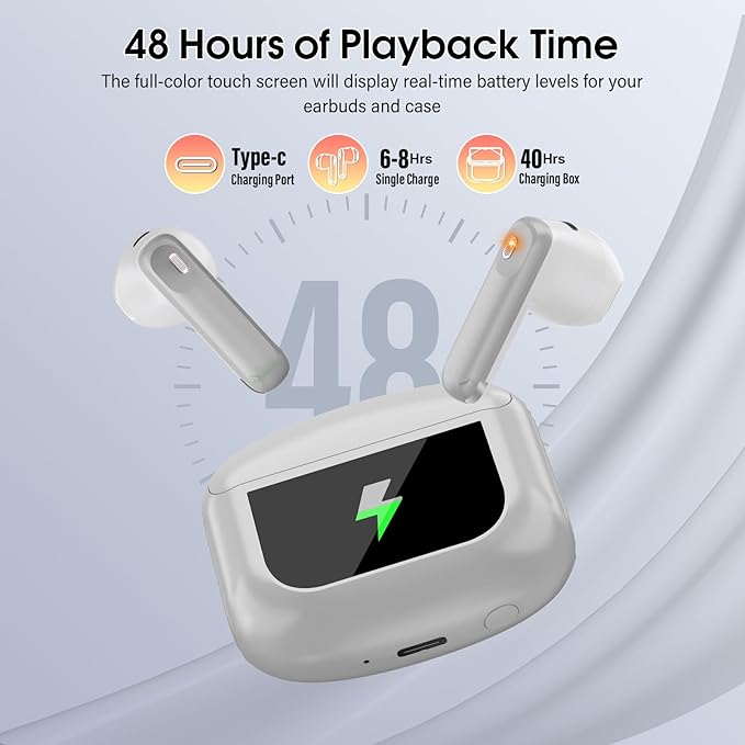 Wireless Earbuds, Bluetooth 5.4 Headphones with Multifunctional Touch Screen, 48H Bass Stereo Ear Buds with ANC/ENC Noise Cancelling/Transparency Mode, IPX7 Earphones with 5 EQ Modes, Rock Gray