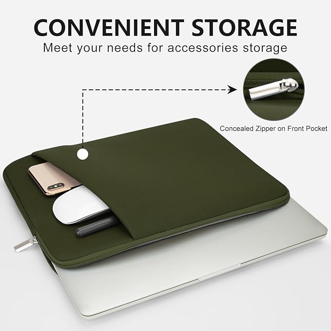 Laptop Sleeve Case with Zipper Accessory Pocket Compatible with 15.6 inches HP Dell Asus Lenovo Padded Computer Pouch Cover Shockproof Protective for 15.6” Laptop/Chromebook/Tablet,Green