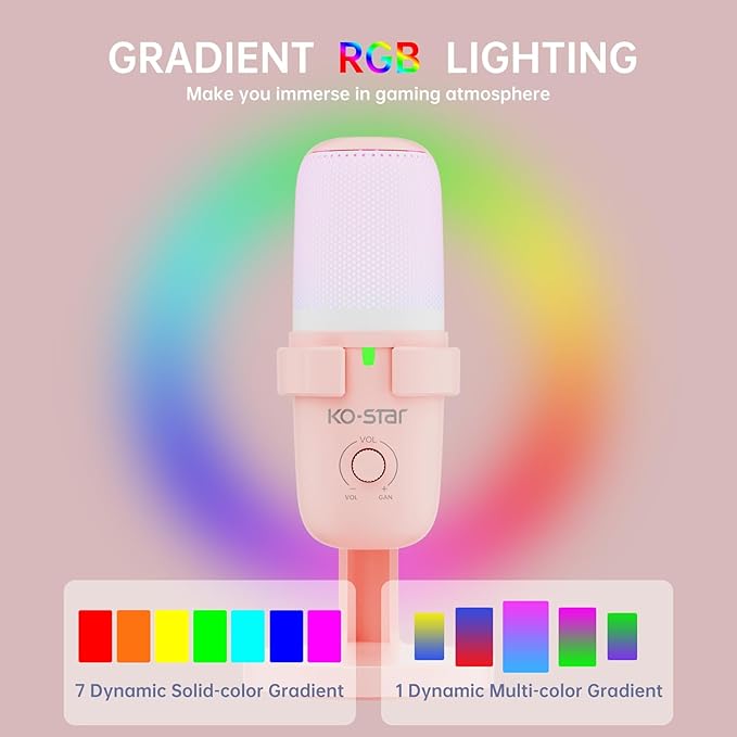 USB Microphone, Gaming Mic with 2 Pickup Patterns (Cardioid/Omnidirectional), RGB Lighting & Tap-to-Mute Sensor, 96KHz/24Bit Condenser Mic for Streaming, Podcast, Recording, Type-C Plug & Play (Pink)