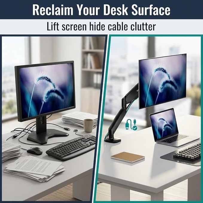 Mount-It! Single Monitor Arm Desk Mount, Gas Spring Monitor Mount, Fits 13–32" Screens up to 17.6 lbs, VESA 75x75 & 100x100, Full Motion Tilt Swivel Rotate, C-Clamp & Grommet Base