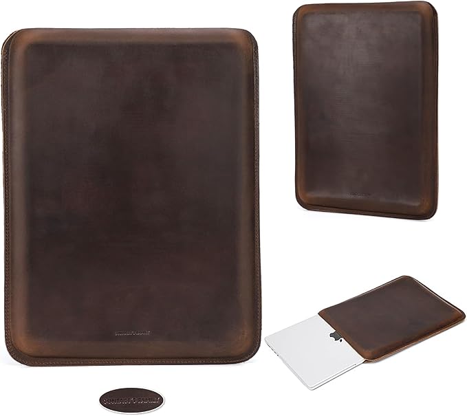 Top Grain Leather 14.2" PC Sleeve Case, Vintage Fit Design, Handmade, Compatible with MacBook Pro 14" 2021 M1 A2442 & Old Versioned 13-13.3 Inch MacBook Pro/Air, Coffee 14.2 Inch