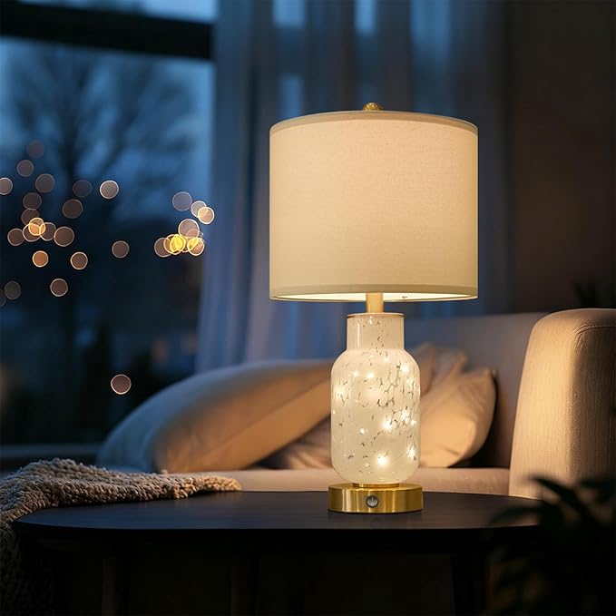Oneach 22" Glass Table Lamps Set of 2, White Modern Bedside Lamp with LED Night Light for Living Room, Nightstand Lamp with USB Ports for Bedrooms, Study Room, End Table(2 Bulbs Included)