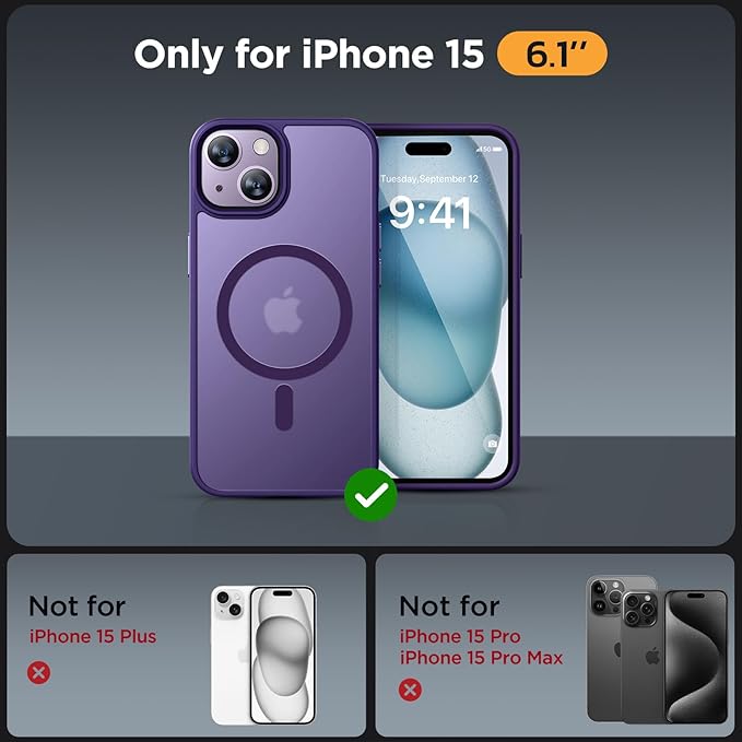 Miracase Magnetic for iPhone 15 Case (Compatible with MagSafe)（with 2X Screen Protectors） Military-Grade Protection, Anti-Fingerprint Translucent Matte Phone Cover for iPhone 15 6.1 inch, Dark Purple