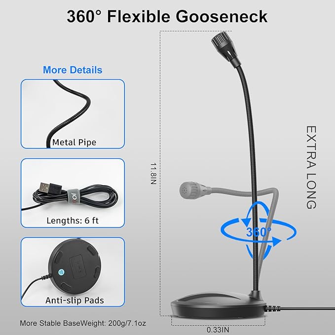 Instrument Microphone for Singing, Podcasting, Voice Video Recording, Plug & Play USB Desktop Microphone for PC with Mute Button & LED Indicator, Compatible with Windows/Mac