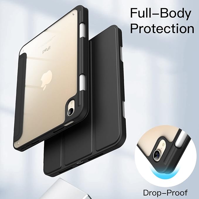 JETech Case for iPad mini (A17 Pro, 2024 Model, 7th Generation) / mini 6 (2021 Model, 6th Generation) with Pencil Holder, Clear Back Shell Stand Shockproof Tablet Cover, Auto Wake/Sleep (Black)