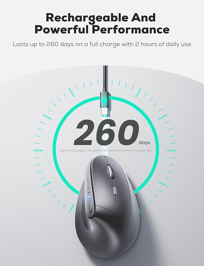 Nulea MD280 Ergonomic Vertical Wireless Mouse - Bluetooth & 2.4G Dual Mode, 4 Adjustable DPI 800/1200/1600/2400, Rechargeable, Silent Clicks, No Lag, 6 Buttons - Perfect for Laptop, Desktop Grey