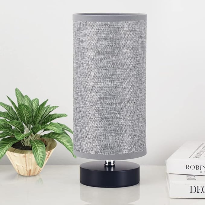 lifeholder Table Lamp, Bedside Nightstand Lamp, Simple Desk Lamp, Cylinder Table Lamp for Bedroom Living Room Office Study, Grey Shade and Silver Base (Grey)