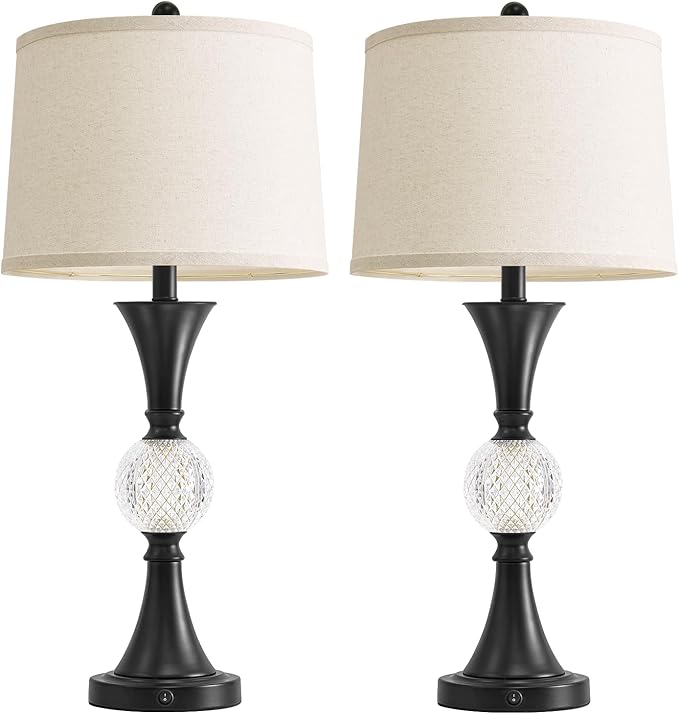 Oneach 28.5" Black Table Lamps Set of 2, Tall Luxury Bedside Lamps with Night Light, USB A+C Charging Ports, Elegant Metal Nightstand Lamps for Bedroom Office End Table Decoration