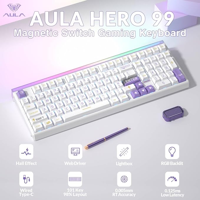 AULA Hero 99 Wired Gaming Keyboard, Hall Effect Keyboard with Rapid Trigger Mode, Hot Swappable Magnetic Switch Keyboard with Number Pad, Web Driver,RGB Backlit Mechanical Keyboard for Office PC Gamer
