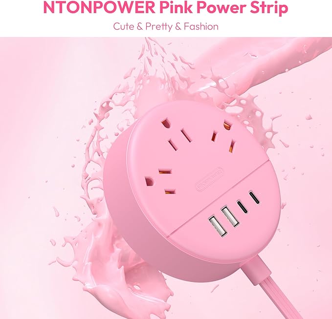 NTONPOWER Pink Extension Cord 10 ft, Flat Plug Power Strip with 2 USB-C & 2 USB-A, Flat Extension Cord Under Carpet, Wall Mount, Pink Power Strip for Indoor, Home, Vanity Desk, Nightstand, Dorm Room