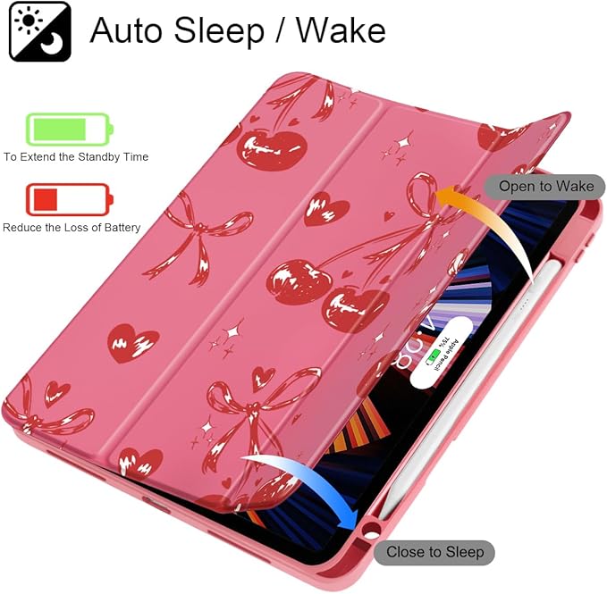 Mektron Case for iPad Pro 11 inch (4th, 3rd, 2nd & 1st Gen) 2022 2021 2020 2018, Buit in Pencil Holder with Shockproof Cover Clear Shell + Trifold Stand + Auto Wake/Sleep, Cherries Bows C388