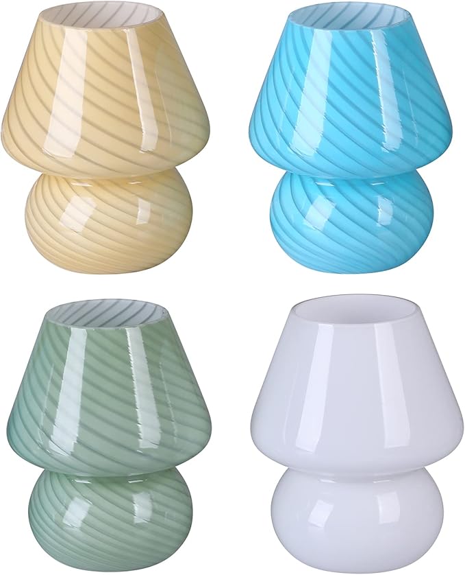 Mushroom Lamp,Glass Arctic Blue Mushroom Bedside Table Lamps Vintage Translucent Murano Style Striped Small Nightstand Desklamp Swirl Light for Home Decor, Dining, Living, Bedroom, Gift (Stripe Blue)