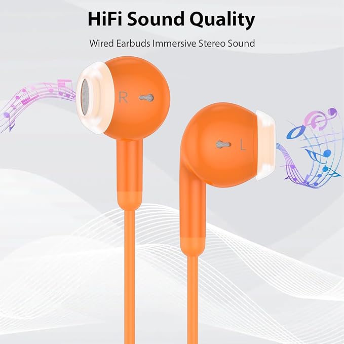 USB C Earbuds Wired USB Type-C Headphones for Apple iPhone 17 16 15 Pro/iPad 10th Generation for Galaxy S26 Pixel 10 Earphones with Microphone Volume Control Noise Isolating HiFi Stereo Headset Orange