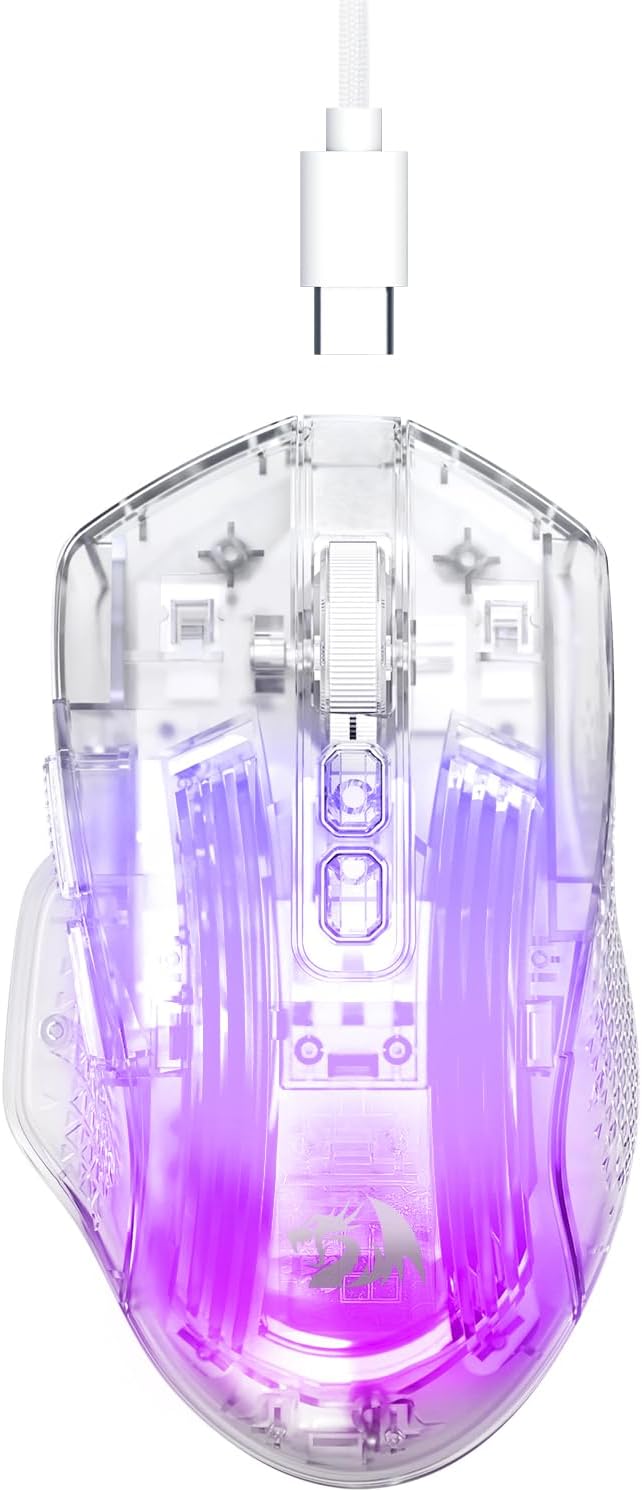 Redragon Wired Gaming Mouse, 24,000 DPI, 7 Programmable Button, 2 Side Buttons, 8 RGB LED Backlit Mode, Clear Transparent Shell, Light up Gamer Mice, Soft Cable for PC/Mac/Xbox, White