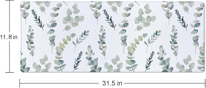 Gaming Large Mouse Pad with Stitched Edges, Watercolor Eucalyptus Branches Pattern Desk Mat, Extended Keyboard Pad, Non-Slip Rubber Base Desk Pad for Keyboard and Mouse, 31.5X11.8 inch
