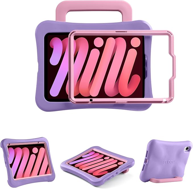 Kids Case for iPad Mini 7 (A17 Pro) 2024 /iPad Mini6 2021, Light Weight Heavy Duty/Shockproof/Drop Proof with Handle/Kickstand, Child Friendly Cover for iPad Mini 7th/6th Gen 8.3inch (Purple Pink)