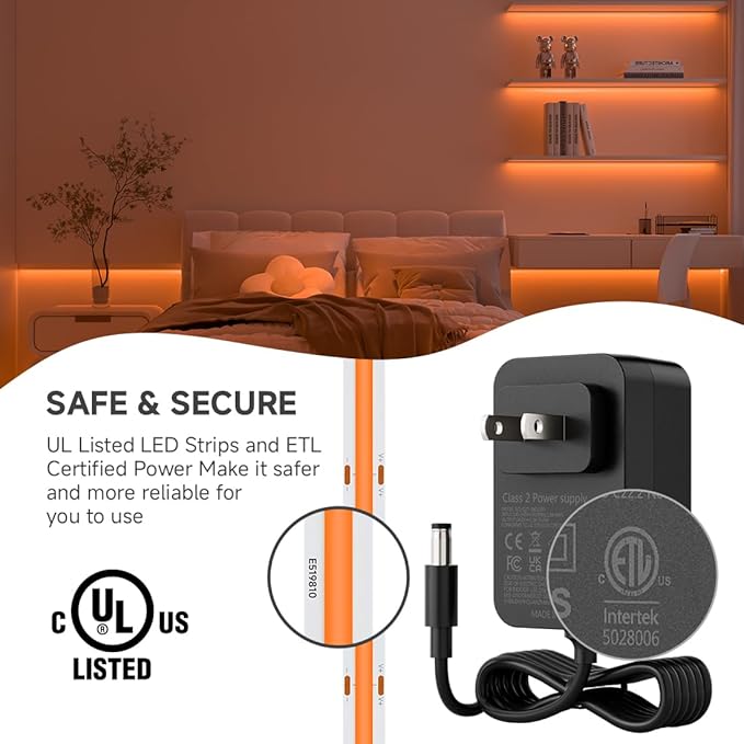 BTF-LIGHTING COB LED Strip Light 24V 16.4FT UL Listed, Orange Color Dimmable High Density Flexible Tape Light with RF Remote & ETL Power Adapter, Ultra Bright for Bedroom Kitchen Home Indoor Lighting