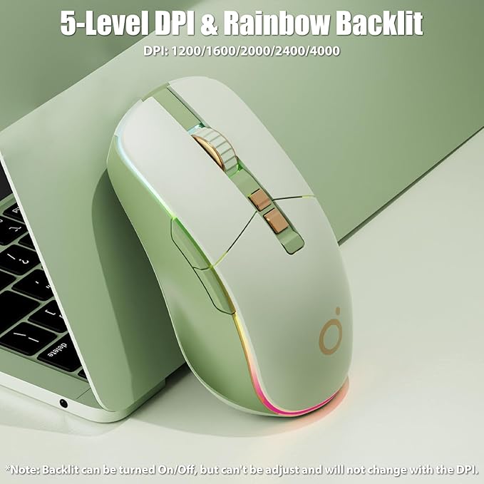 Wireless Gaming Mouse Tri-Mode 2.4Ghz/Bluetooth 5.0/Wired USB-C with RGB LED Backlit 5-Level DPI Rechargeable Ergonomic Silent Optical Mice for iMac/MacBook/Computer/Laptop, Matcha Green