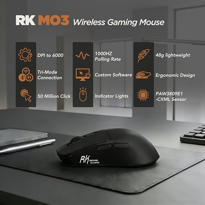 RK ROYAL KLUDGE RK MO3 Wireless Gaming Mouse, 48g Lightweight Computer Mouse, Bluetooth/2.4G/Wired Rechargeable PC Game Mice with Programmable Buttons, 6000 DPI, PAW3809 Sensor for Laptop/Mac, Black