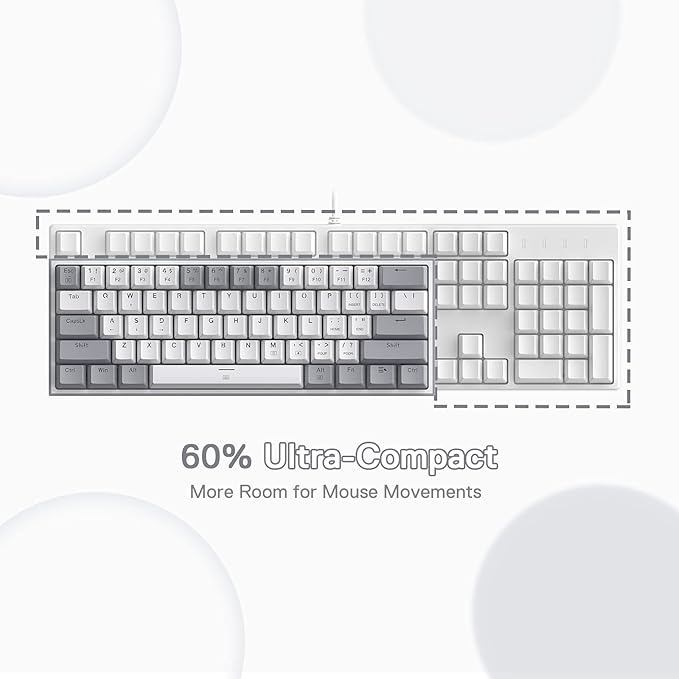 Redragon K617 Fizz 60% Wired RGB Gaming Keyboard, 61 Keys Hot-Swap Compact Mechanical Keyboard w/White and Grey Color Keycaps, Linear Red Switch, Pro Driver/Software Supported