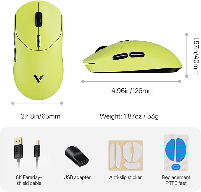 Rapoo VT2 Wireless Gaming Mouse, True 8K Wireless Polling Rate, 53g Lightweight, Up to 750 Hr Battery, Nordic nRF54L15 MCU, 100-Million Mechanical Switch, 10 Programmable Buttons, Macro Enabled
