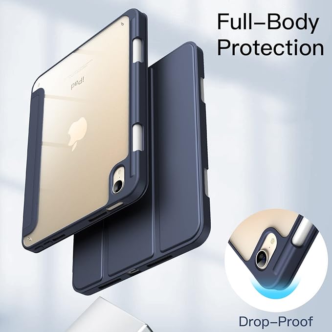 JETech Case for iPad mini (A17 Pro, 2024 Model, 7th Generation) / mini 6 (2021 Model, 6th Generation) with Pencil Holder, Clear Back Shell Slim Stand Tablet Cover, Auto Wake/Sleep (Navy)