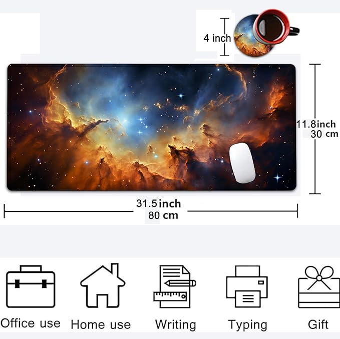 Large Mouse Pad, 31.5 x 11.8in Extended Gaming Mouse Pad with Stitched Edges, XXL Mousepad Protector Non Slip Rubber Base for Office and Home Writing Mat, Nebula Pattern Black Desk Mat