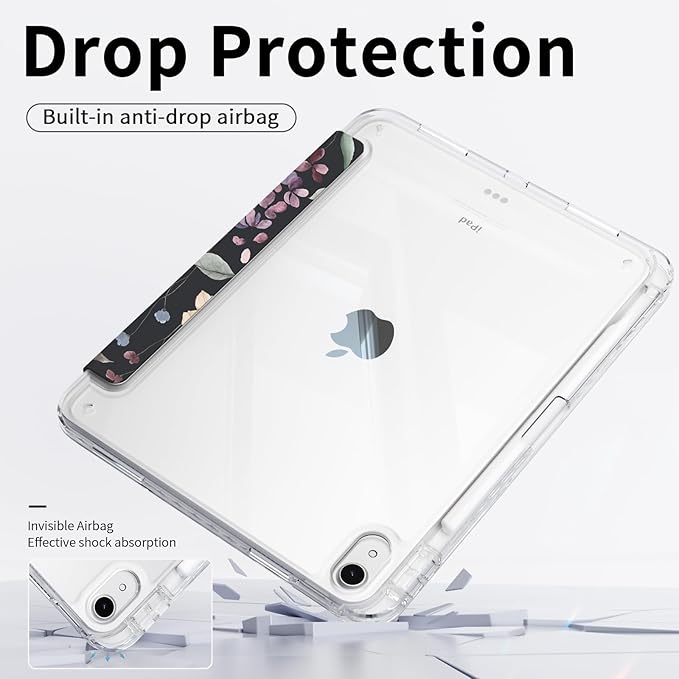 Case for iPad mini 7 2024 (A17 Pro)/ iPad mini 6 (2021), iPad 8.3-inch 7th/6th Generation Case, Trifold Stand Protective Slim Clear Back Cover with Pencil Holder, Black Floral