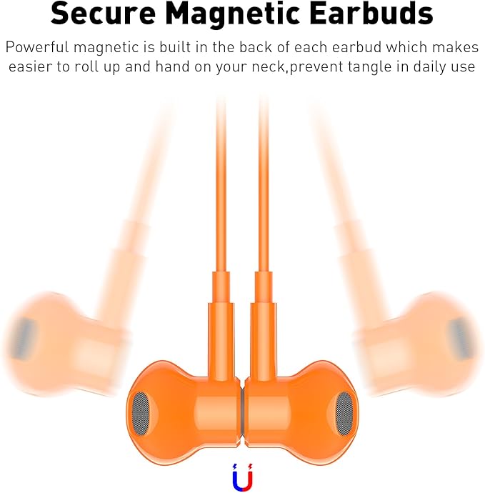 USB C Headphones Wired Type C Earphones for Samsung/Galaxy S26 S25 S24 Plus S23 S22 S21 S20 Ultra Magnetic Corded Earbuds for iPhone 15 Pro Max 16 16e 17 17e Air for Apple/Android Ear Buds Orange