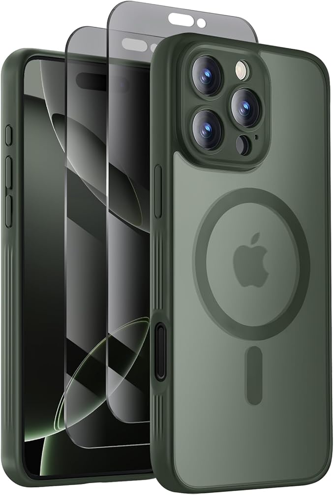 Symcele Designed for iPhone 16 Pro Max Case, Compatible with MagSafe, with Privacy Screen Protectors X2, [Camera Protection] [15FT Military Drop Protection] Shockproof Phone Case, 2024, Alpine Green