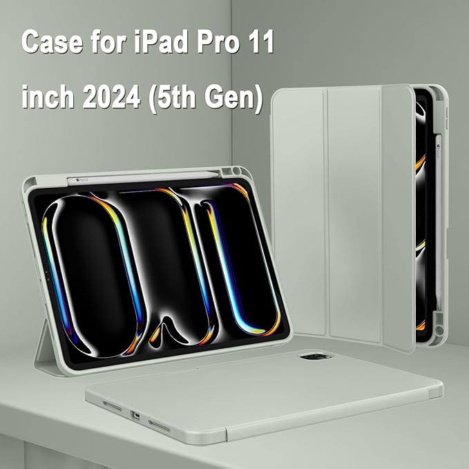 ZryXal iPad Pro 11 Inch Case (M5) 2025/ (M4) 2024 (Model: A2836/A2837/A3006), Trifold Stand Smart Cover with Pencil Holder and Soft TPU Back, Auto Wake/Sleep (Sega Green)
