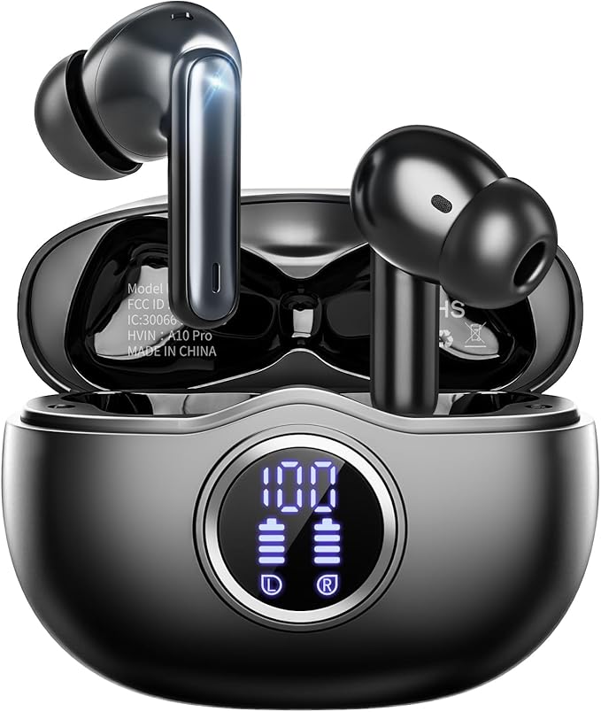 Wireless Earbuds, Bluetooth 5.3 Headphones HiFi Stereo 50H Playback LED Digital Display Ear Buds with ENC Noise Canceling Headset, IPX7 Waterproof Earphones for Gym/Running/Work (Black)