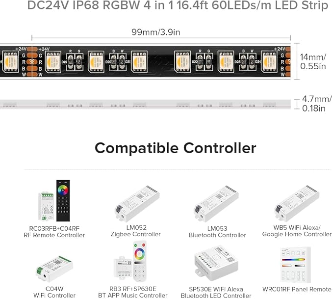 BTF-LIGHTING IP68 Waterproof Outdoor RGBW LED Strip 5050SMD RGB+Warm White(3000K-3500K) 4 Colors in 1 DC24V 16.4ft 5m 60LED/m Multi-Colored Tape Lights Can Work Outdoor(No Adapter or Controller)