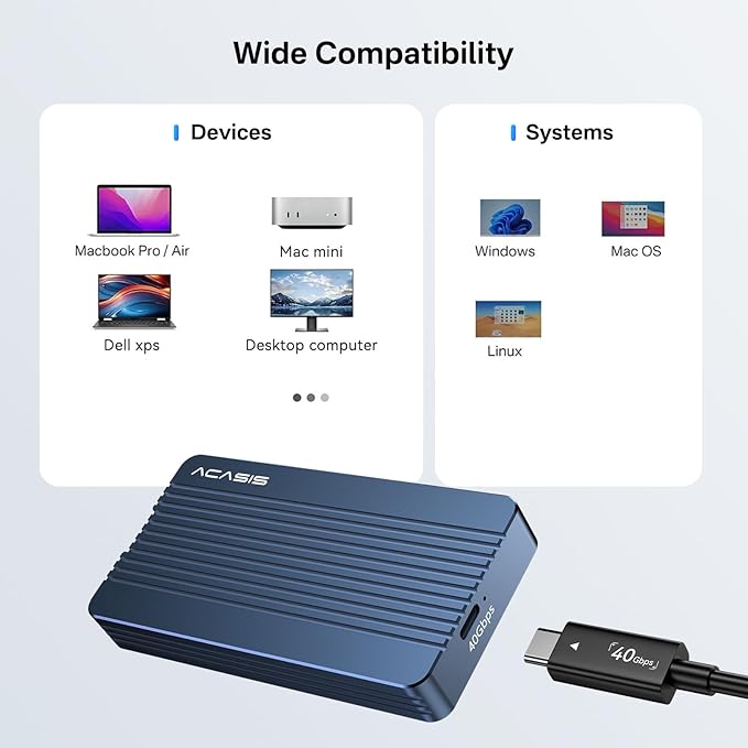 ACASIS 40Gbps M.2 NVMe SSD Enclosure, TBU 405 for M1 M2 Pro/Max, Compatible with 、USB4/USB3.2/3.1/3.0/2.0, M.2 Enclosure Support 2280/2260/2242/2230 (TBU405)