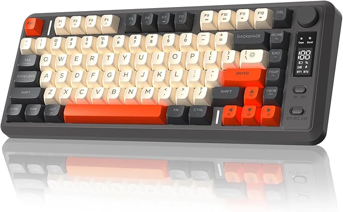 FREEWOLF M75 Wireless Gaming Keyboard Mechanical Feel Membrane with Knob & OLED Display Bluetooth/2.4Ghz Rainbow Backlit Gradient PBT Keycaps 2000mAH Battery Anti-Ghosting-Dark Grey