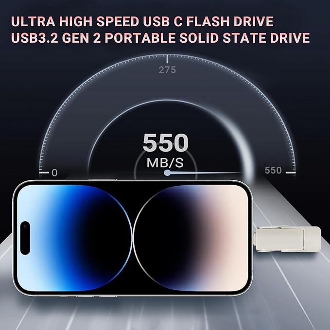 256GB USB Drive,Portable SSD Fast 550MB/s 2 in 1 Flash Drive,Type C+A USB3.2 Gen2 External Solid State Drive,SSD External Hard Drive for iPhone 15/16/17/Android Phone/PS5/Tablet/Windows