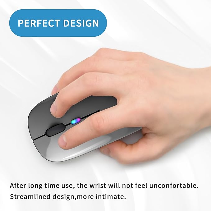 Wireless Bluetooth Mouse, Rechargeable, LED, Silent, Ultra-thin Design (Bluetooth 5.2 and 2.4GHz USB Receiver) | Portable Computer Mouse for Laptops, iPads, MacBooks and Apple Devices (Grey)