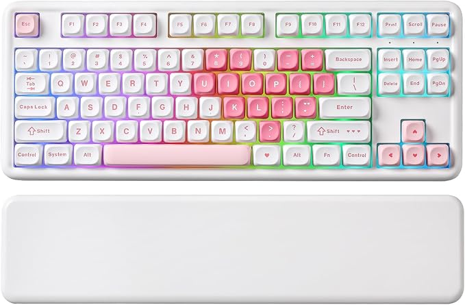YUNZII B87 Wireless Mechanical Keyboard,QMK/VIA Programmable,TKL Layout 87 Keys,BT/2.4G/USB-C,Hot Swap Gasket Mount RGB Backlit Gaming with Wrist Rest for Win/Mac (White Heart, Cocoa Cream V2)