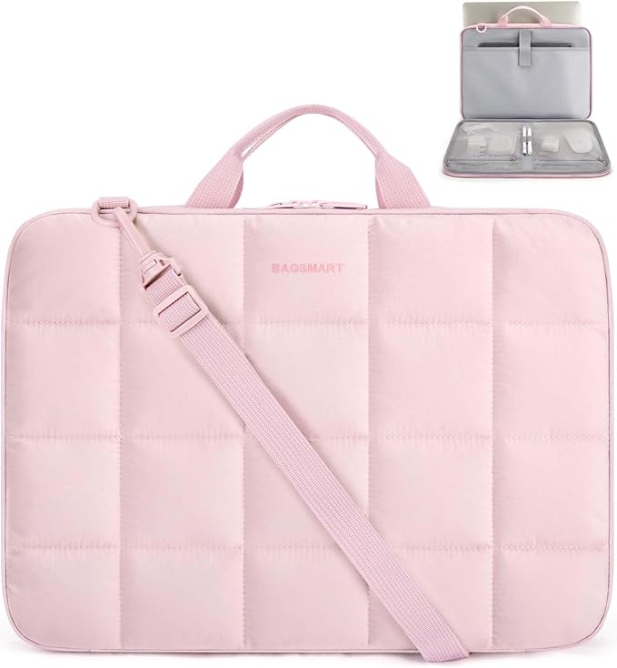 BAGSMART Laptop Case with Handle, Puffy Laptop Sleeve Bag for Women, MacBook Case for Dell, HP, Lenovo, MacBook Air/Pro, 15-15.6 inch, Pink