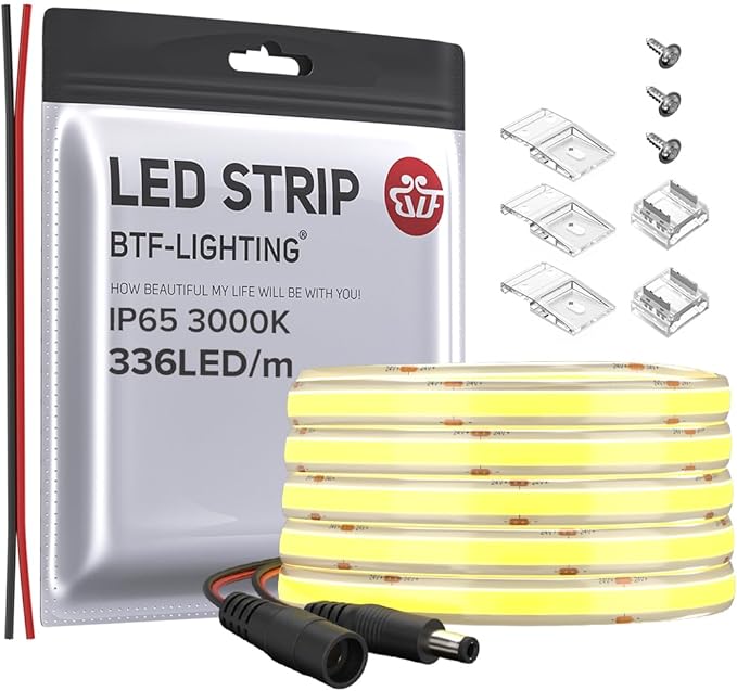 BTF-LIGHTING FCOB COB LED Strip IP65 Flexible High Density Uniform Light 8W/m 16.4FT DC24V Warm White 3000K 336LED/m CRI 90+ 8mm Width Dimmable LED Ribbon for Decor(No Adapter or Controller)