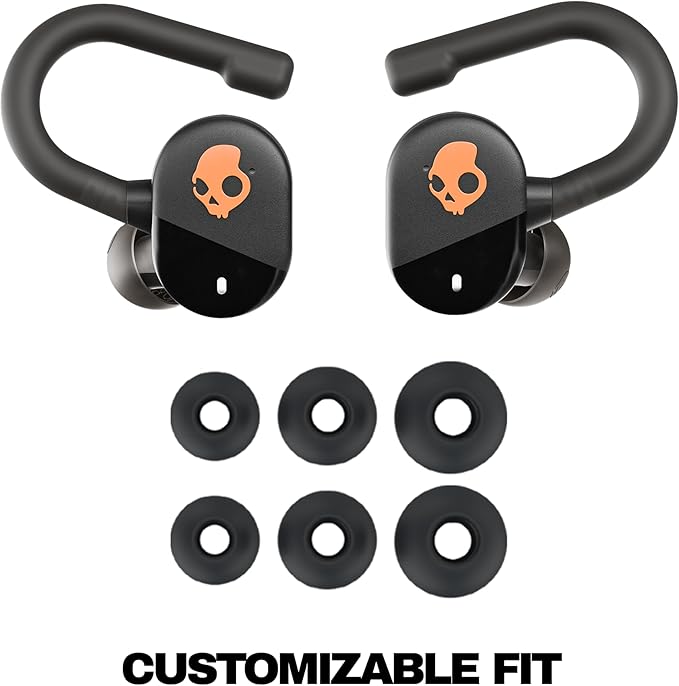 Skullcandy Push Play Active Wireless Earbuds, Bluetooth Headphones, Noise Isolating Fit, 34 Hrs Battery, Secure-Fit Over-Ear Hanger, Sweat Water Resistant, Microphone for iPhone Android - Black/Orange