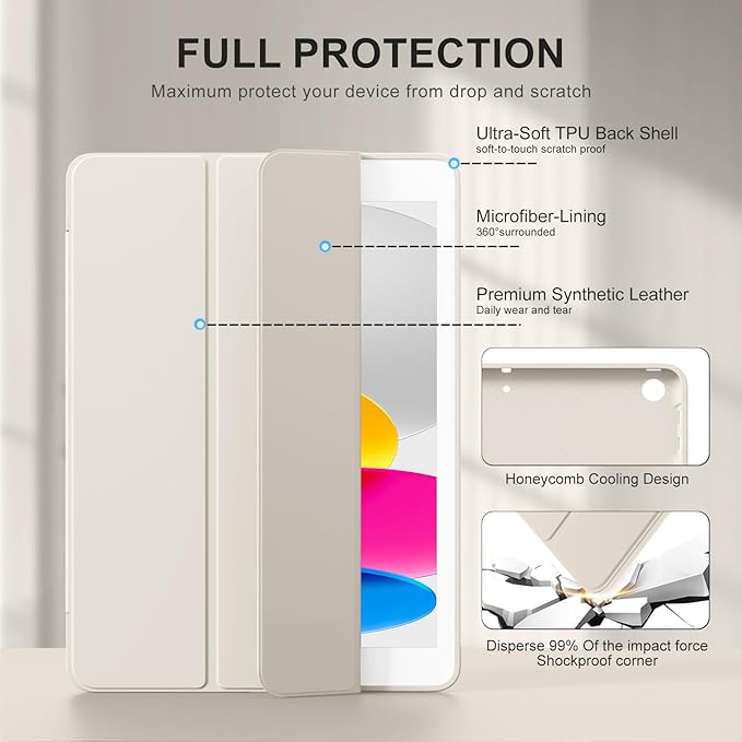 Smart Case for iPad 10.2 Inch 2021/2020/2019, for iPad 9th/8th/7th Generation Without Pencil Holder, Shockproof Cover with Soft TPU Back, Thin& Lightweight, Auto Sleep/Wake, White Cream