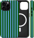 Magnetic for iPhone 16 Pro Max Case Cute Stripes Phone Case, Shockproof Slim TPU and Hard PC Protective Phone Cover Compatible with MagSafe Designed for Women Girls, Green and Blue