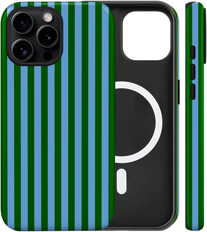 Magnetic for iPhone 13 Pro Case Cute Stripes Phone Case, Shockproof Slim TPU and Hard PC Protective Phone Cover Compatible with MagSafe Designed for Women Girls, Green and Blue