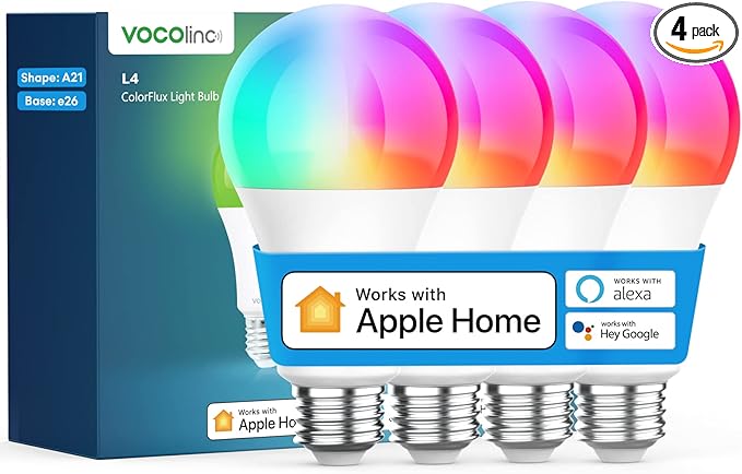 VOCOlinc Smart Light Bulb Works with Apple Homekit, Alexa, Google Home, Full Color Changing WiFi LED Bulbs, 850 Lumens Dimmable Multicolor 2200K-7000K, A21, 9.5W, 4 Pack