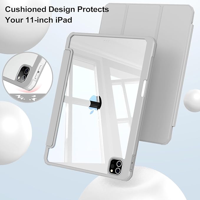 JKSML Case for iPad Pro 11, Case with Pencil Holder for iPad Pro 11 Inch 4th/3rd/2nd Generation 2022/2021/2020, Transparent Protective Cover for iPad Pro 11, Supports Pencil 2 Charging, Gray